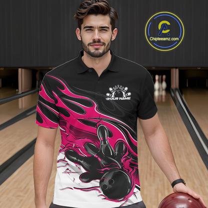 Custom Black And Pink Flame Bowling Men Jersey, Bowling Team Men Polo Shirt IPHW12028