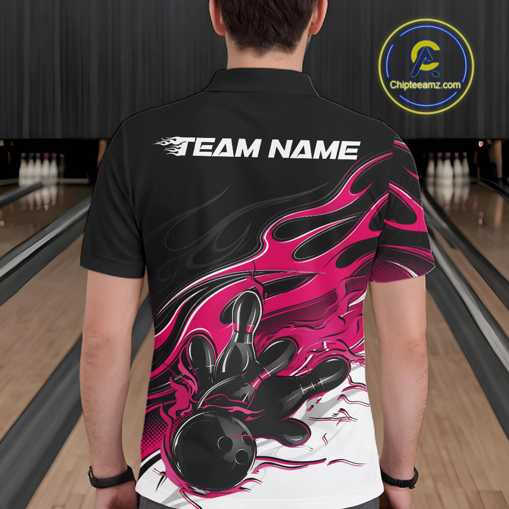 Custom Black And Pink Flame Bowling Men Jersey, Bowling Team Men Polo Shirt IPHW12028