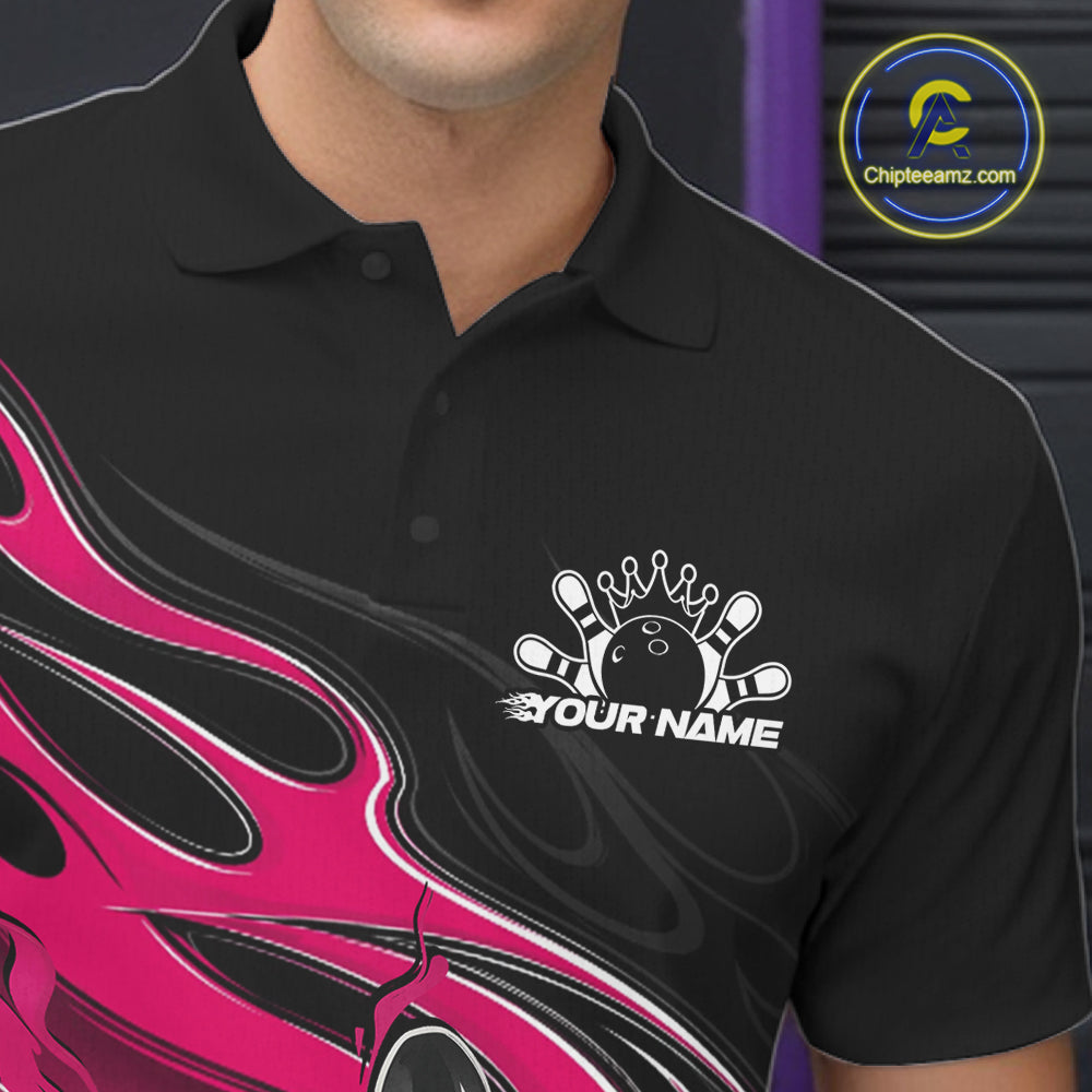 Custom Black And Pink Flame Bowling Men Jersey, Bowling Team Men Polo Shirt IPHW12028