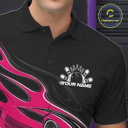 Custom Black And Pink Flame Bowling Men Jersey, Bowling Team Men Polo Shirt IPHW12028