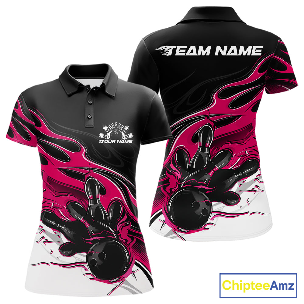 Custom Black And Pink Flame Bowling Women Jersey, Bowling Team Women Polo Shirt IPHW12028