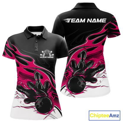 Custom Black And Pink Flame Bowling Women Jersey, Bowling Team Women Polo Shirt IPHW12028