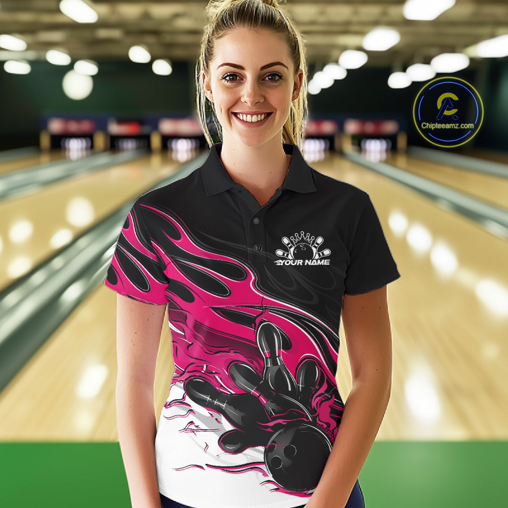 Custom Black And Pink Flame Bowling Women Jersey, Bowling Team Women Polo Shirt IPHW12028