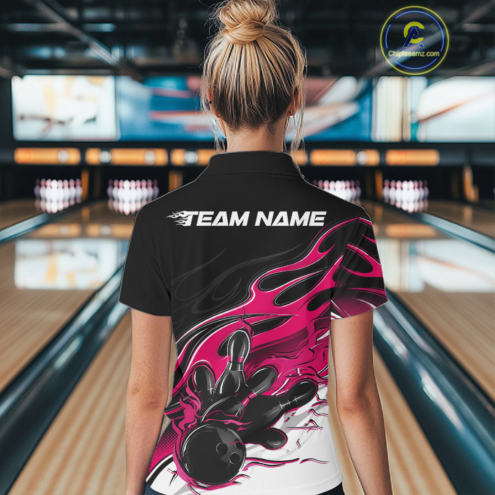 Custom Black And Pink Flame Bowling Women Jersey, Bowling Team Women Polo Shirt IPHW12028