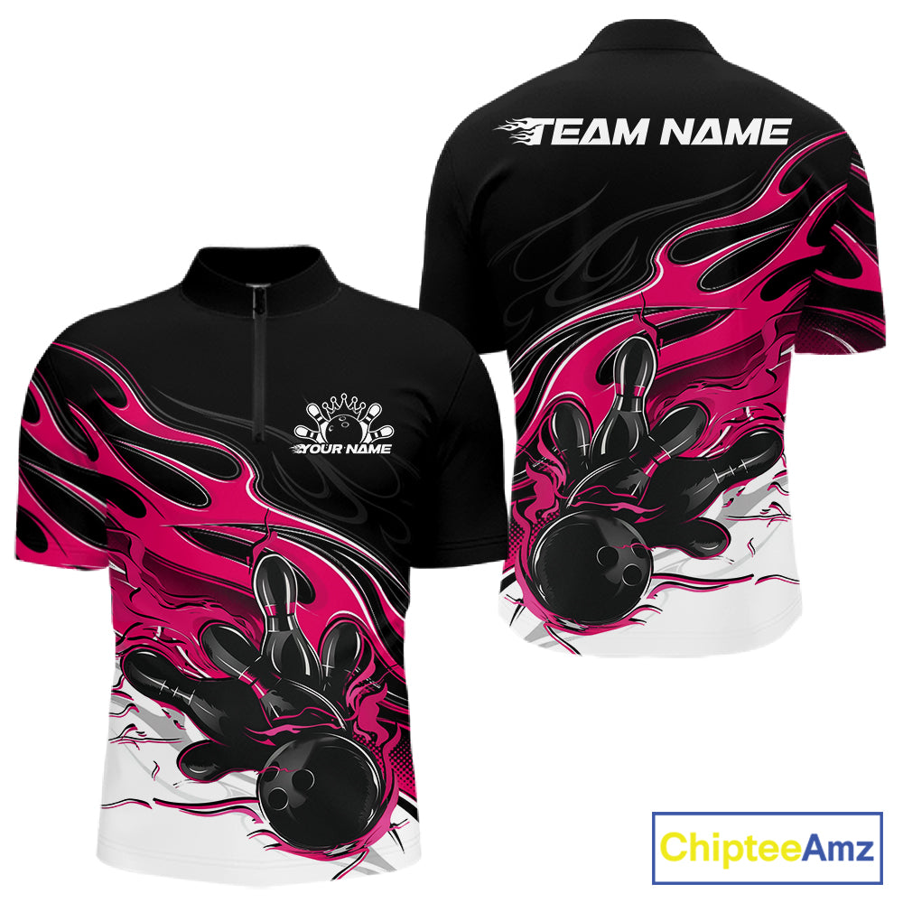 Custom Black And Pink Flame Bowling Men Jersey, Bowling Team Men Quarter Zip Shirt IPHW12028
