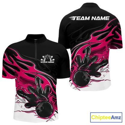 Custom Black And Pink Flame Bowling Men Jersey, Bowling Team Men Quarter Zip Shirt IPHW12028