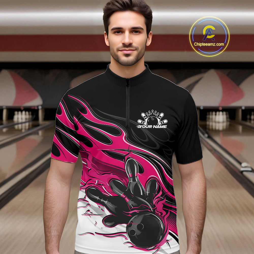 Custom Black And Pink Flame Bowling Men Jersey, Bowling Team Men Quarter Zip Shirt IPHW12028