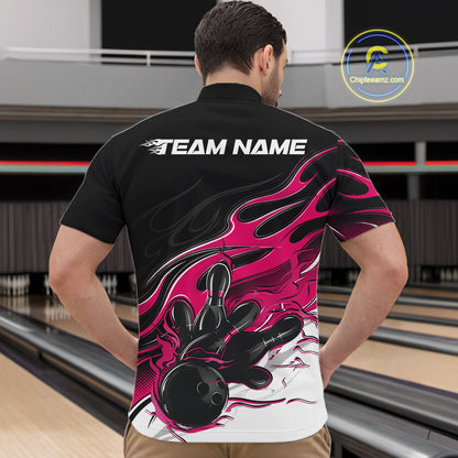 Custom Black And Pink Flame Bowling Men Jersey, Bowling Team Men Quarter Zip Shirt IPHW12028
