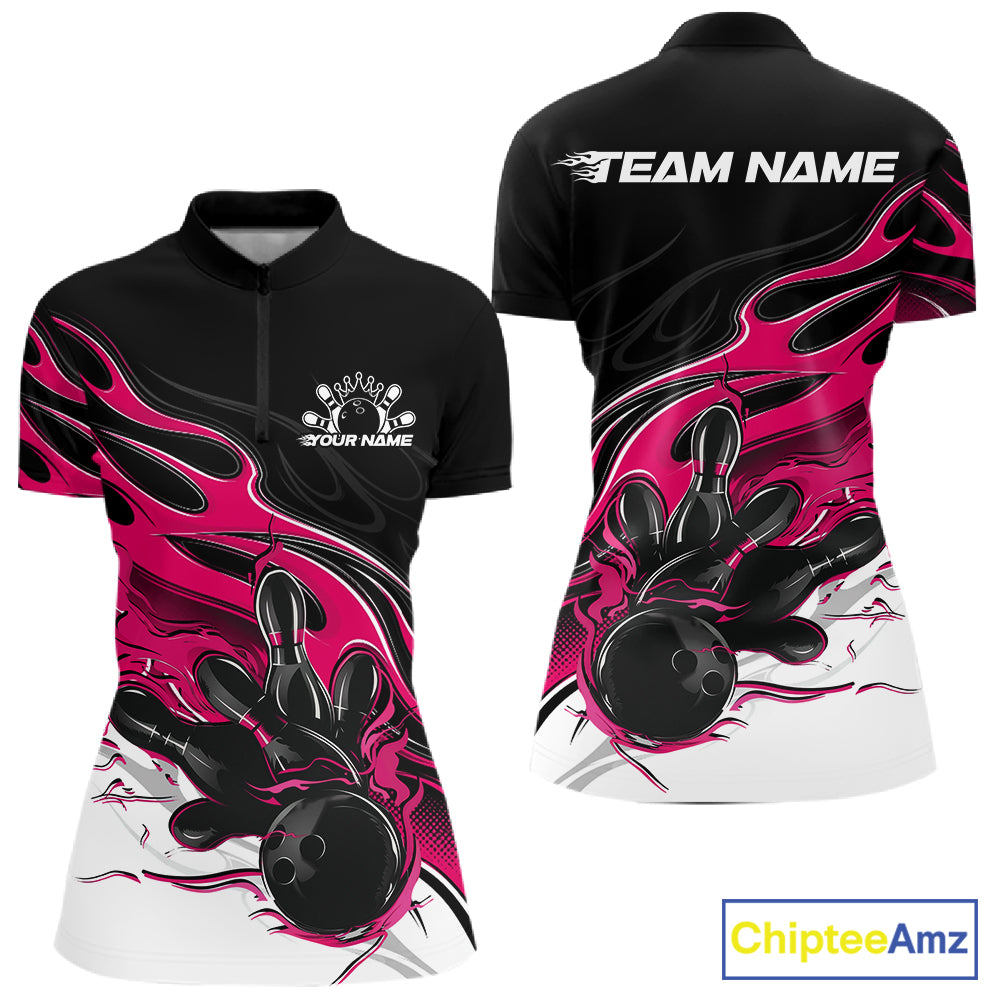 Custom Black And Pink Flame Bowling Women Jersey, Bowling Team Women Quarter-Zip Shirt IPHW12028