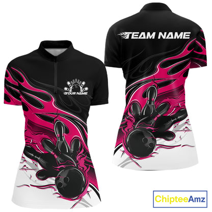 Custom Black And Pink Flame Bowling Women Jersey, Bowling Team Women Quarter-Zip Shirt IPHW12028