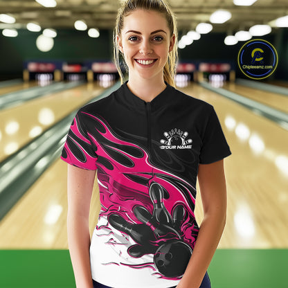 Custom Black And Pink Flame Bowling Women Jersey, Bowling Team Women Quarter-Zip Shirt IPHW12028