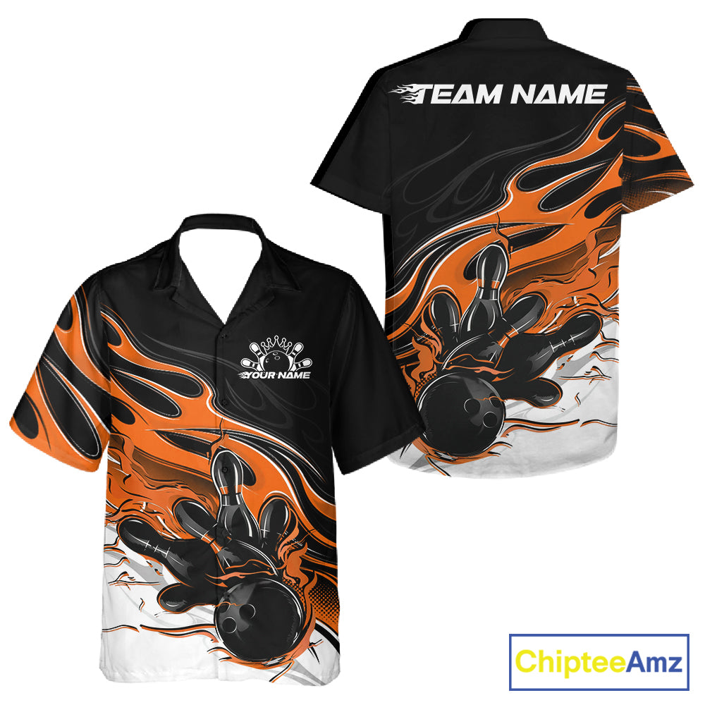 Custom Black And Orange Flame Bowling Men And Women Jersey, Bowling Team Men And Women Button Up Shirt IPHW12029