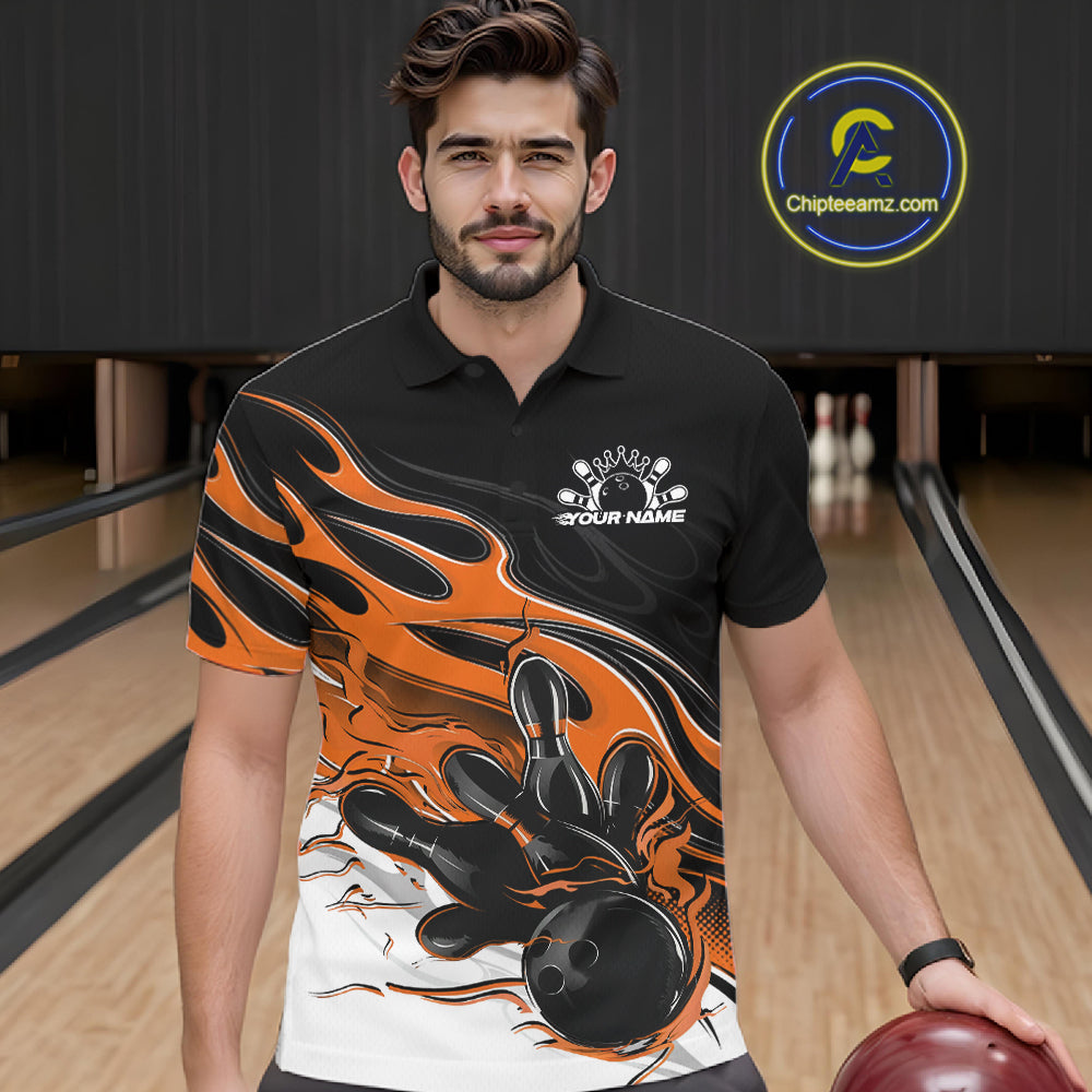 Custom Black And Orange Flame Bowling Men Jersey, Bowling Team Men Polo Shirt IPHW12029