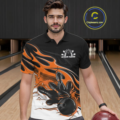Custom Black And Orange Flame Bowling Men Jersey, Bowling Team Men Polo Shirt IPHW12029