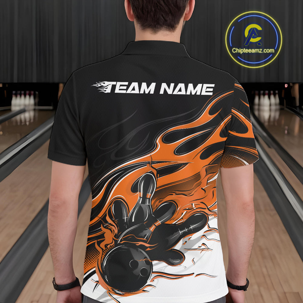 Custom Black And Orange Flame Bowling Men Jersey, Bowling Team Men Polo Shirt IPHW12029
