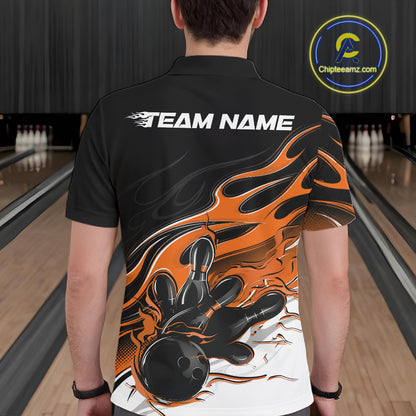 Custom Black And Orange Flame Bowling Men Jersey, Bowling Team Men Polo Shirt IPHW12029