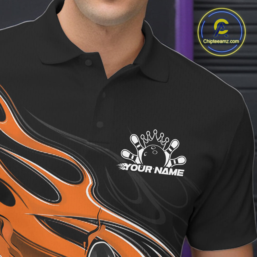 Custom Black And Orange Flame Bowling Men Jersey, Bowling Team Men Polo Shirt IPHW12029