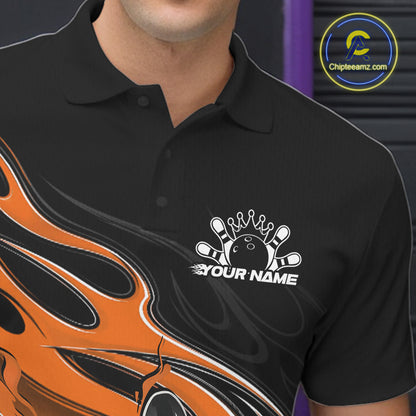Custom Black And Orange Flame Bowling Men Jersey, Bowling Team Men Polo Shirt IPHW12029