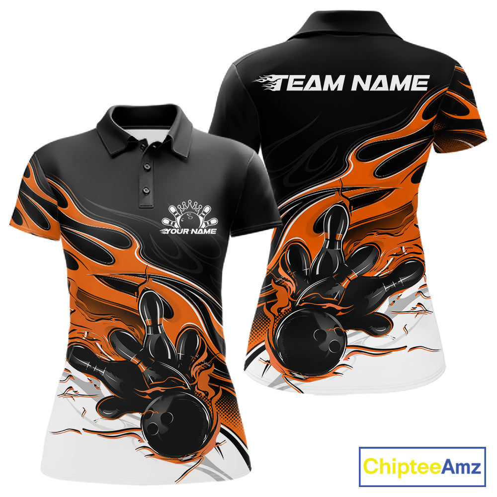 Custom Black And Orange Flame Bowling Women Jersey, Bowling Team Women Polo Shirt IPHW12029