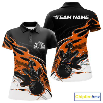 Custom Black And Orange Flame Bowling Women Jersey, Bowling Team Women Polo Shirt IPHW12029