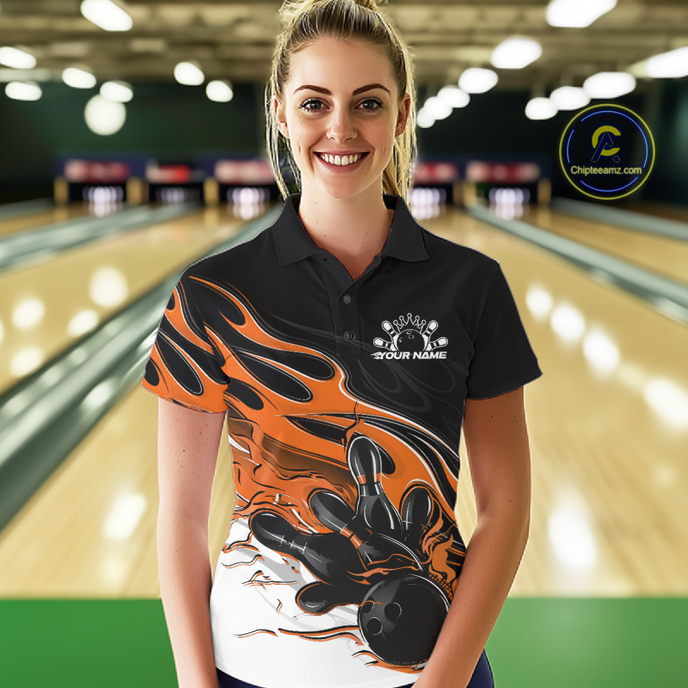 Custom Black And Orange Flame Bowling Women Jersey, Bowling Team Women Polo Shirt IPHW12029