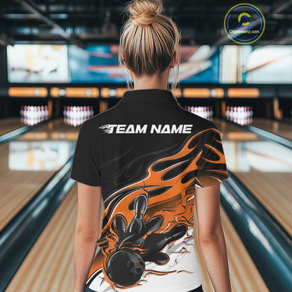 Custom Black And Orange Flame Bowling Women Jersey, Bowling Team Women Polo Shirt IPHW12029