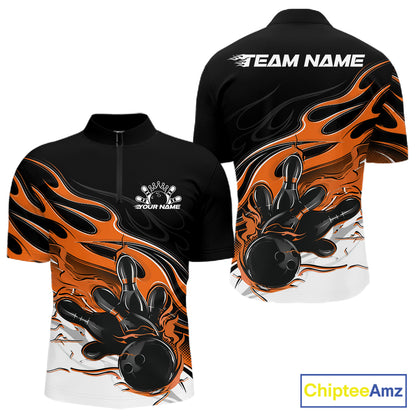 Custom Black And Orange Flame Bowling Men Jersey, Bowling Team Men Quarter Zip Shirt IPHW12029