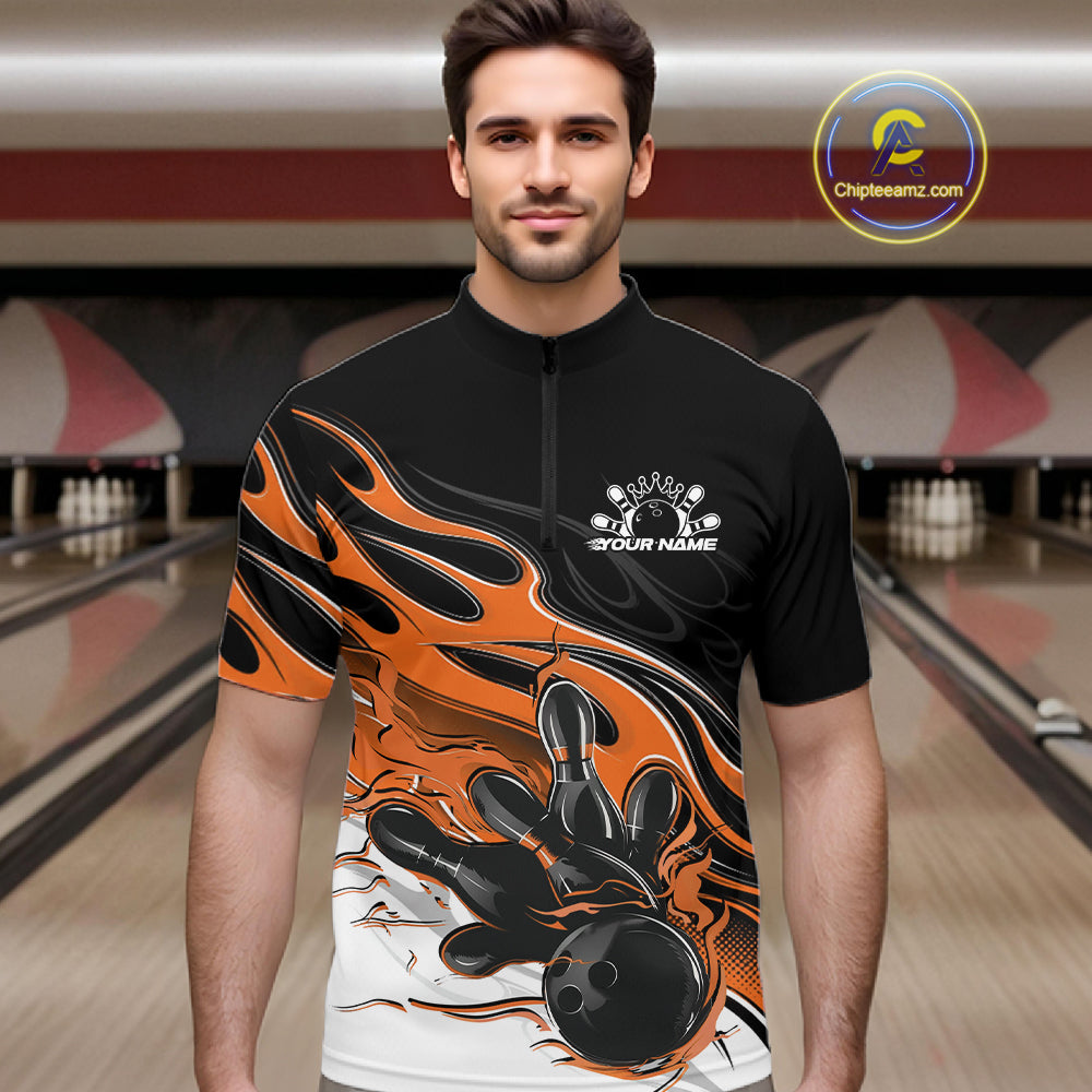 Custom Black And Orange Flame Bowling Men Jersey, Bowling Team Men Quarter Zip Shirt IPHW12029