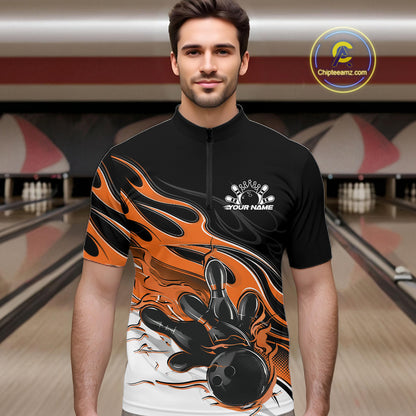 Custom Black And Orange Flame Bowling Men Jersey, Bowling Team Men Quarter Zip Shirt IPHW12029