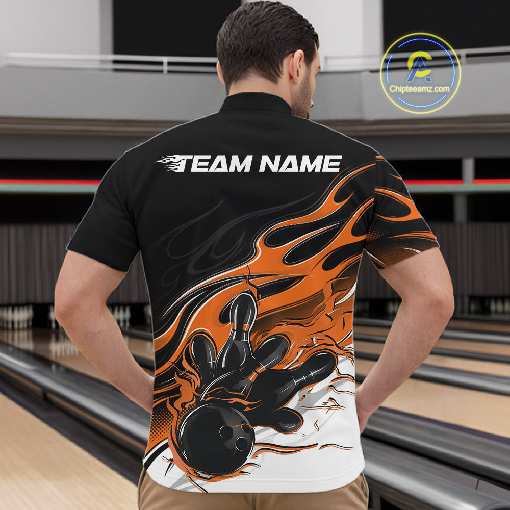 Custom Black And Orange Flame Bowling Men Jersey, Bowling Team Men Quarter Zip Shirt IPHW12029