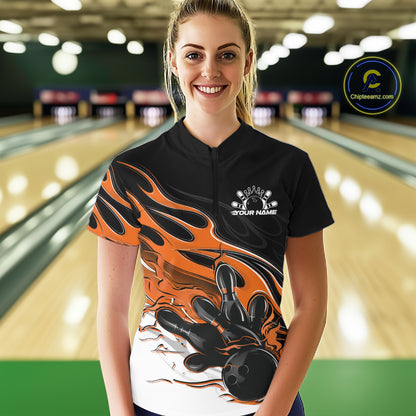 Custom Black And Orange Flame Bowling Women Jersey, Bowling Team Women Quarter-Zip Shirt IPHW12029