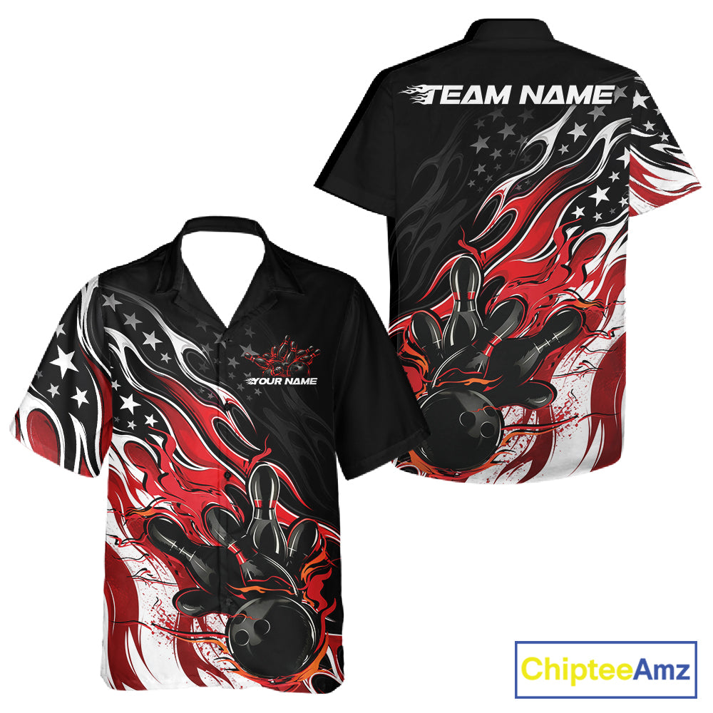 Custom Patriotic American Flag Red Flame Bowling Men And Women Button Up Shirt, US Bowling Jersey IPHW12034