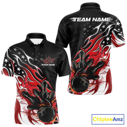 Custom Patriotic American Flag Red Flame Bowling Men Polo Shirt, US Bowling Jersey IPHW12034