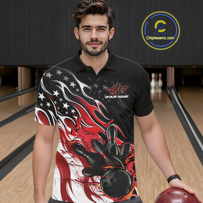 Custom Patriotic American Flag Red Flame Bowling Men Polo Shirt, US Bowling Jersey IPHW12034
