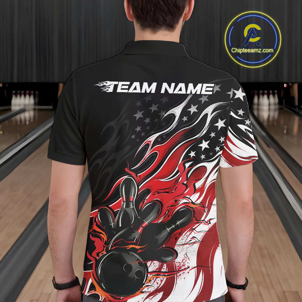 Custom Patriotic American Flag Red Flame Bowling Men Polo Shirt, US Bowling Jersey IPHW12034