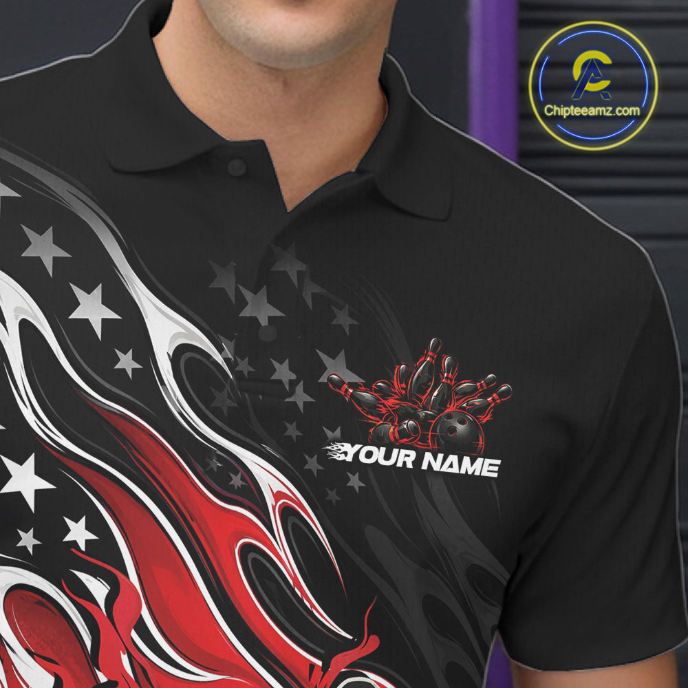 Custom Patriotic American Flag Red Flame Bowling Men Polo Shirt, US Bowling Jersey IPHW12034