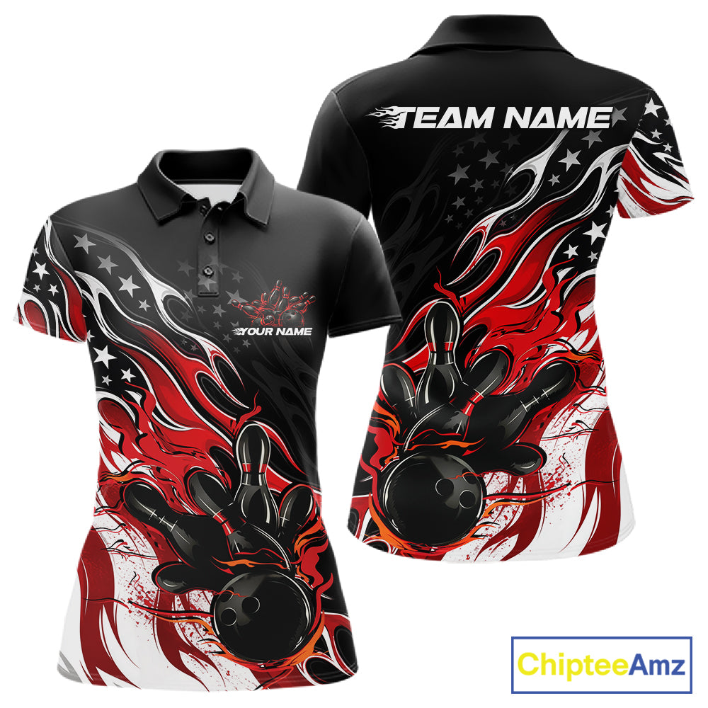 Custom Patriotic American Flag Red Flame Bowling Women Polo Shirt, US Bowling Jersey IPHW12034