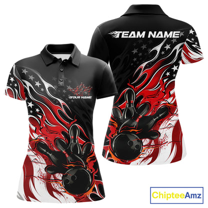 Custom Patriotic American Flag Red Flame Bowling Women Polo Shirt, US Bowling Jersey IPHW12034