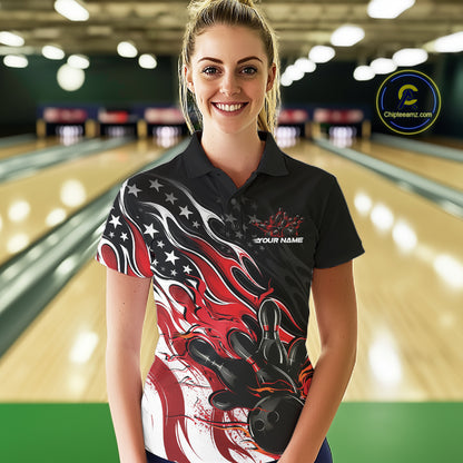 Custom Patriotic American Flag Red Flame Bowling Women Polo Shirt, US Bowling Jersey IPHW12034