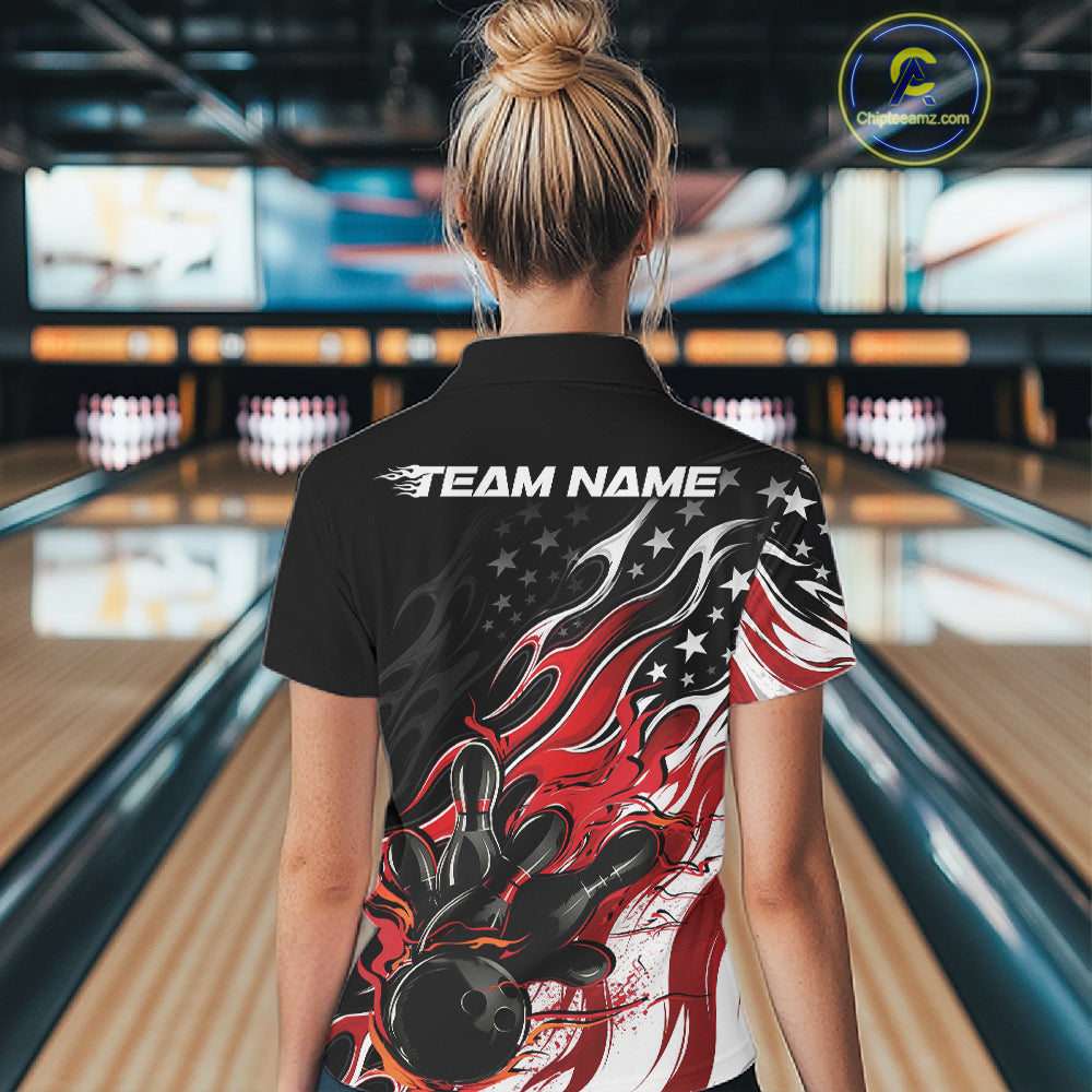Custom Patriotic American Flag Red Flame Bowling Women Polo Shirt, US Bowling Jersey IPHW12034