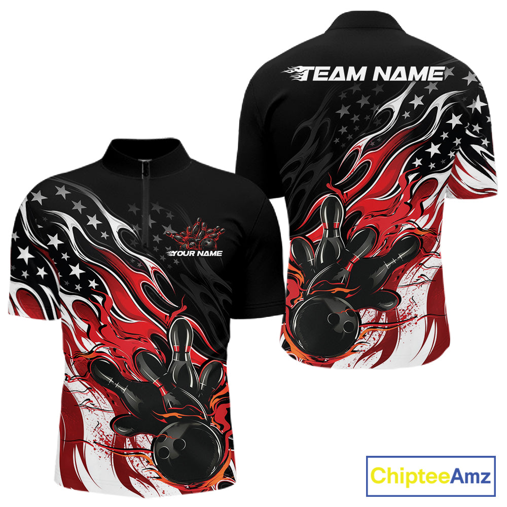 Custom Patriotic American Flag Red Flame Bowling Men Quarter Zip Shirt, US Bowling Jersey IPHW12034