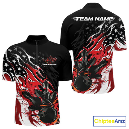 Custom Patriotic American Flag Red Flame Bowling Men Quarter Zip Shirt, US Bowling Jersey IPHW12034