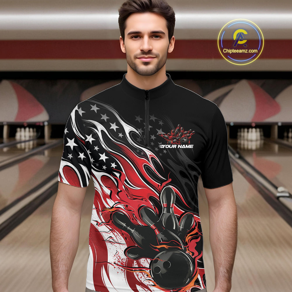 Custom Patriotic American Flag Red Flame Bowling Men Quarter Zip Shirt, US Bowling Jersey IPHW12034
