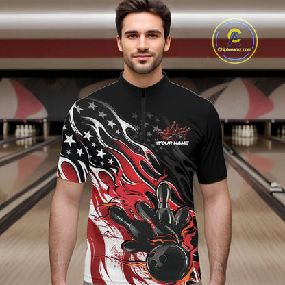 Custom Patriotic American Flag Red Flame Bowling Men Quarter Zip Shirt, US Bowling Jersey IPHW12034