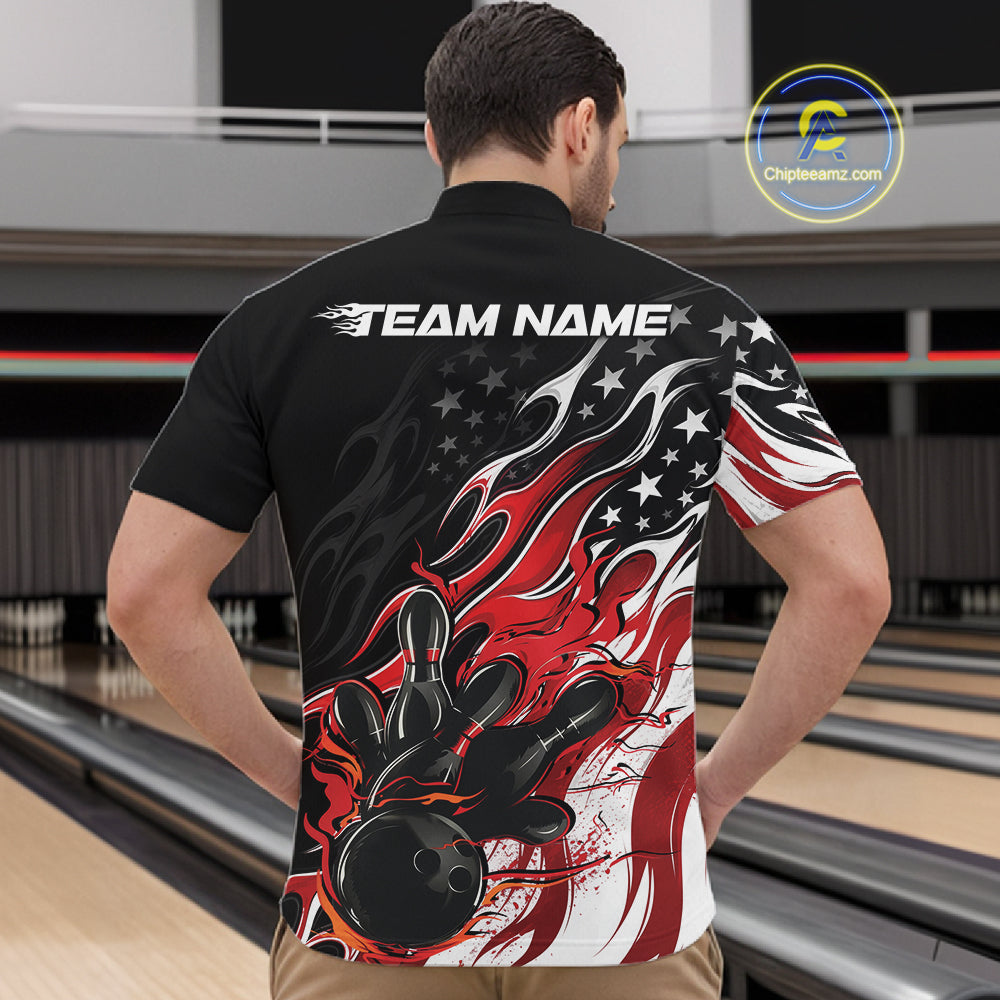 Custom Patriotic American Flag Red Flame Bowling Men Quarter Zip Shirt, US Bowling Jersey IPHW12034