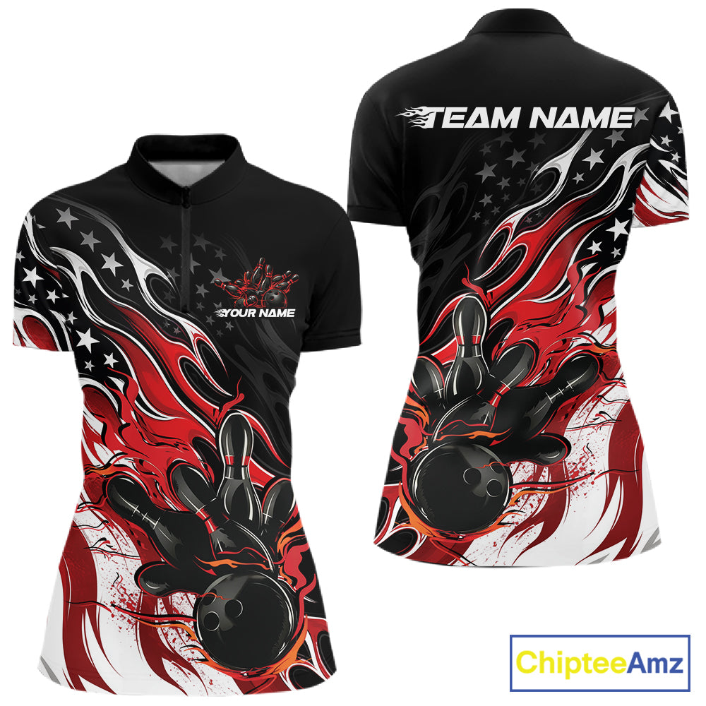 Custom Patriotic American Red Flame Bowling Women Quarter-Zip Shirt, US Bowling Jersey IPHW12034