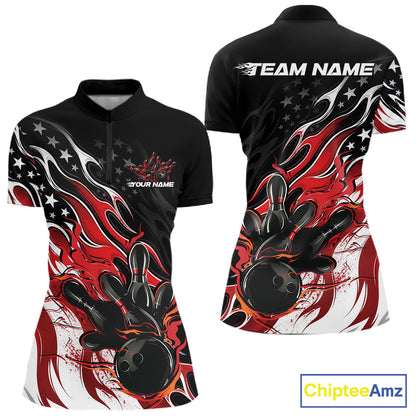 Custom Patriotic American Red Flame Bowling Women Quarter-Zip Shirt, US Bowling Jersey IPHW12034