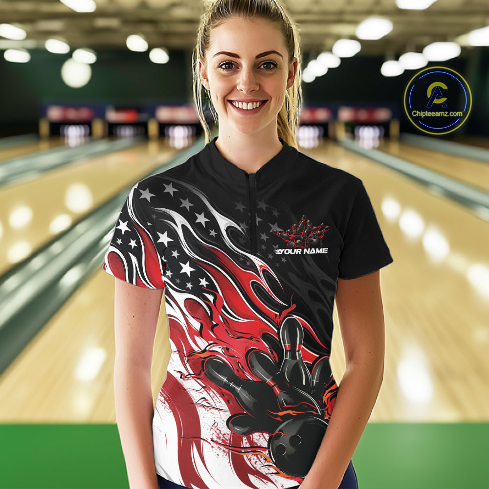 Custom Patriotic American Red Flame Bowling Women Quarter-Zip Shirt, US Bowling Jersey IPHW12034