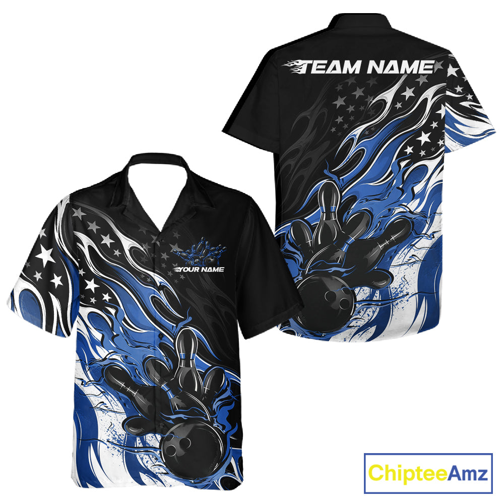 Custom Patriotic American Flag Blue Flame Bowling Men And Women Button Up Shirt, US Bowling Jersey IPHW12035
