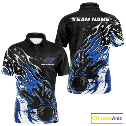 Custom Patriotic American Flag Blue Flame Bowling Men Polo Shirt, US Bowling Jersey IPHW12035